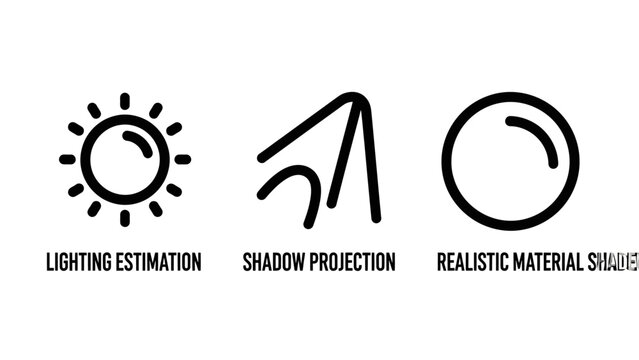 Computer graphics and rendering process line icon set featuring lighting estimation shadow projection and realistic material simulation graphics rendering lighting materials simulation software