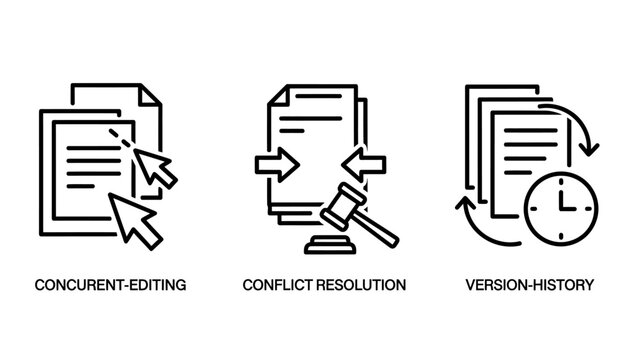 Collaborative office workflow icons set showing concurrent document editing conflict resolution process file version history collaboration conflict resolution document workflow teamwork