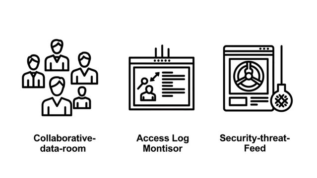 Collaborative digital workspace icons set with data room access log monitor security threat feed collaboration security workspace business management protection information technology