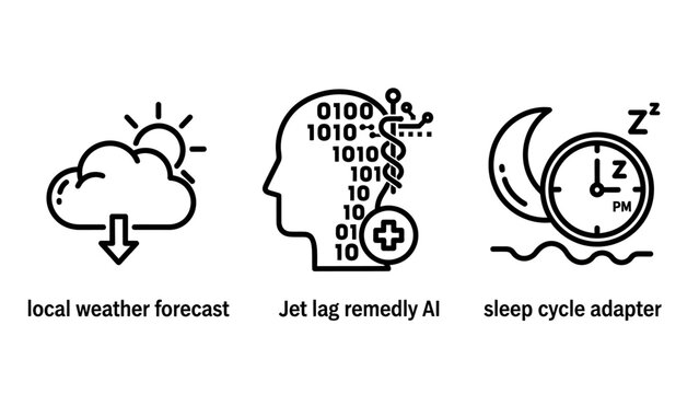 Health and wellness technology icons for local weather forecast jet lag AI remedy and sleep cycle adapter with wellness forecast intelligence technology biometric tracking lifestyle innovation