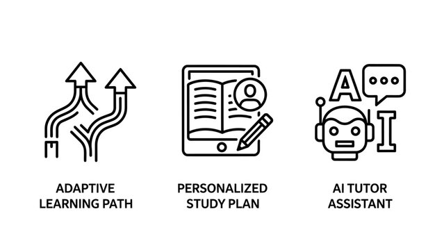 Educational technology and AI learning tools line icons set with education technology learning artificial intelligence adaptive academic knowledge instruction software training classroom