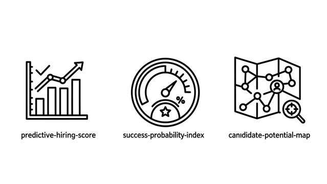 Business analytics and hr management icon set depicting predictive hiring score success probability index candidate potential mapping analytics business recruitment potential probability