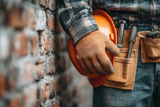 Construction worker in plaid shirt holds orange hard hat while standing against a brick wall, wearing gloves and tool belt with various tools visible