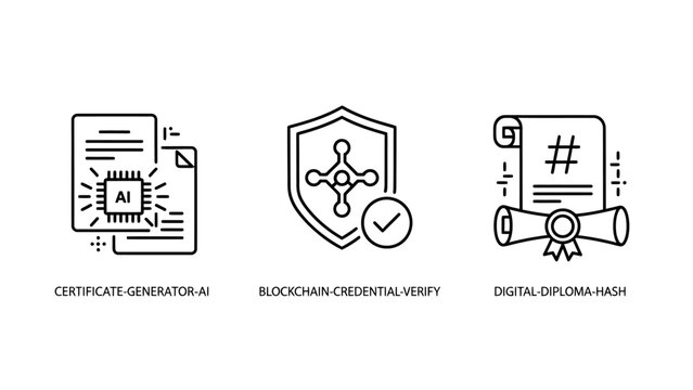 Digital technology and security iconography covering AI certificate generation blockchain credit verification digital diploma hashing blockchain security certificate artificial intelligence