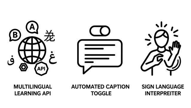 Set of e-learning and accessibility interface line icons featuring language learning automated captioning sign language interpreter multilingual translation captioning accessibility