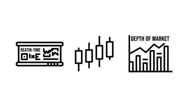 Set of financial market analysis icons featuring real-time charts candle sticks and depth of market visualization analysis candlestick investing economics business exchange portfolio technical