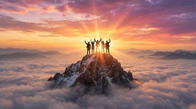Team of silhouetted business people celebrating success on a mountaintop above clouds at sunrise