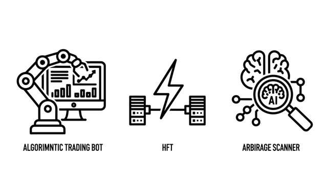 Algorithmic trading icons representing automated trading bot high frequency trading hft and arbitrage scanner with algorithm automation artificial intelligence frequency arbitrage technology