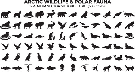 Arctic Wildlife & Polar Fauna Vector Silhouette Icons Set: 50 Premium Icons for Nature and Exploration Designs © Zakir