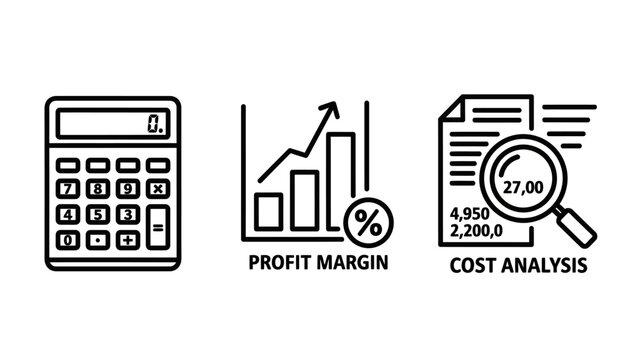 Financial analysis and business accounting line icons with calculator analysis accounting business document magnifying percentage calculation planning strategy management investment