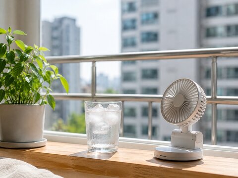 Korean Summer Heat at Home Series - Iced Water and Portable Fan by Apartment Window