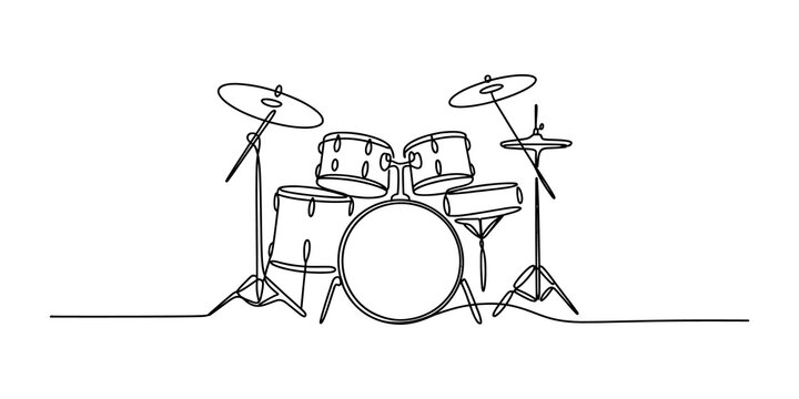 Continuous single line drawing of a drum set musical instrument