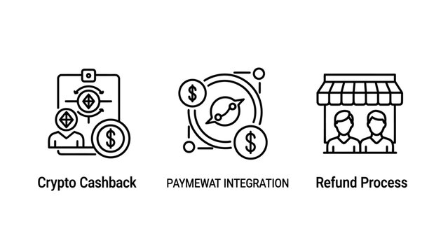 Financial transaction icons including crypto cashback payment integration and refund process with cashback integration business transaction ecommerce customer blockchain currency investment