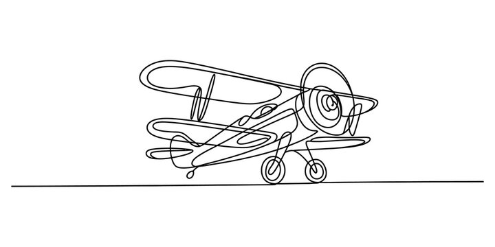 Simple line drawing of a vintage biplane airplane