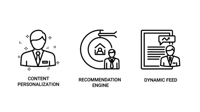 Set of marketing and personalization line icons for content and recommendation engines with personalization recommendation marketing business strategy targeting customer analytics behavior