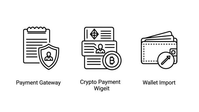 Business and crypto icons including payment gateway widget and wallet import functionality with blockchain transaction transfer currency security technology business internet commerce