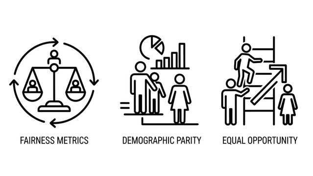Business diversity and inclusion icons representing fairness metrics demographic parity and equal opportunity with diversity inclusion equality business fairness demographic opportunity