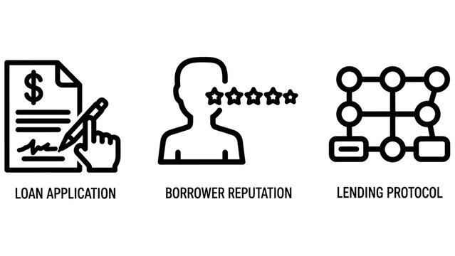 Financial loan application and credit assessment icons showing borrower reputation and lending protocol with application borrower reputation protocol assessment agreement document contract