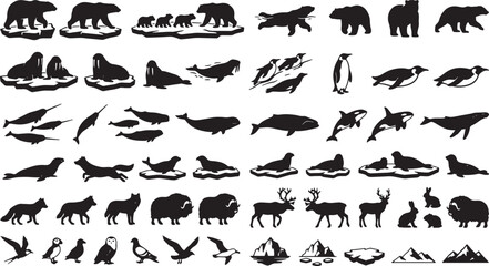 Arctic Wildlife Silhouette Collection: Polar Bears, Seals, Penguins, Whales, and Reindeer Vector Icons for Nature and Exploration Graphics © Zakir