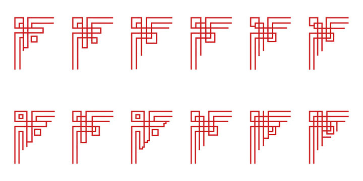 Chinese corner set, asian frame, red border vector pattern