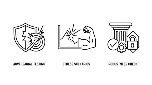 System security and stress testing technology icons set with security robustness adversarial technology protection performance assessment integrity strength analysis monitoring monochrome