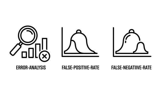 Error analysis false positive and false negative rate statistical graph icons set with analysis statistics positive negative research mathematics analytics probability distribution magnifying