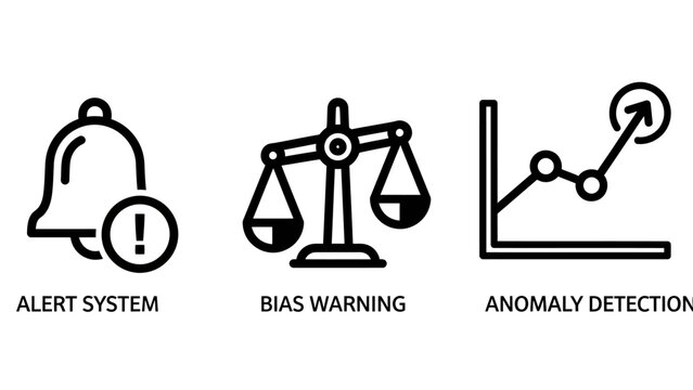 Business monitoring and analytics icons set including alert system bias warning and anomaly detection with detection monitoring business analysis graphics intelligence management performance