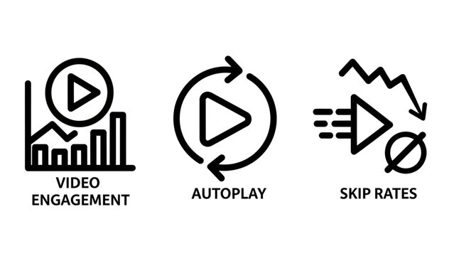 Digital marketing metrics icons representing engagement autoplay and skip rates with engagement autoplay marketing performance analytics advertising statistic illustration internet audience