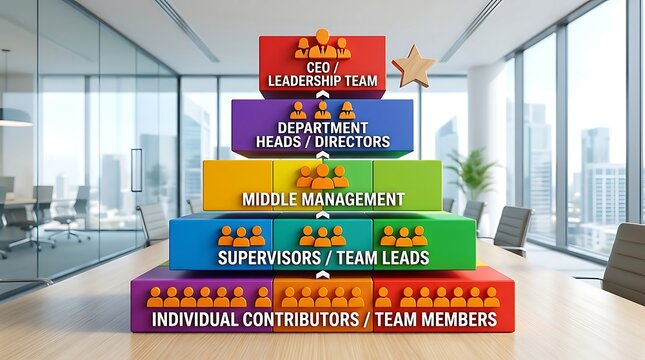 Illustrative Hierarchy Chart Depicting Corporate Structure from Individual Contributors to CEO and Leadership Team in Modern Office Setting