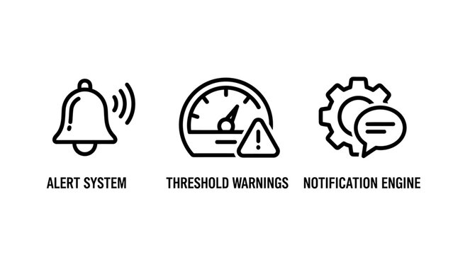 Set of notification and alert system icons for technical infrastructure with notification threshold technical automation software security management feedback communication operational