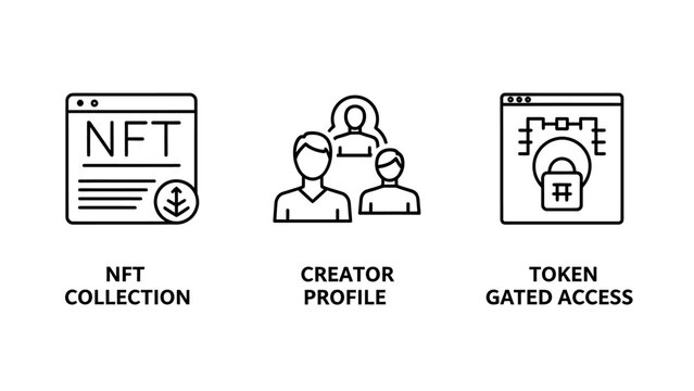 Nft collection creator and access token icons with blockchain collection security currency technology ownership platform identity validation verification contract distributed decentralized