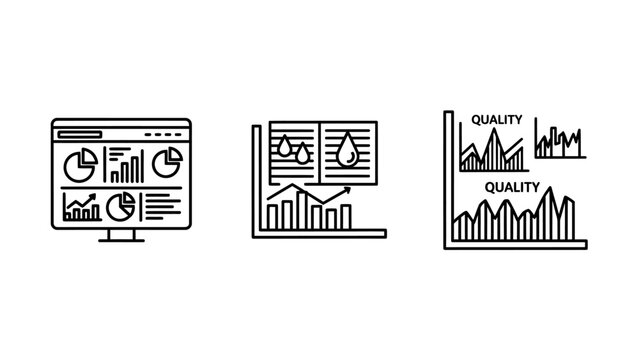 Data analytics and performance tracking icons set showing business reports water quality and statistical quality control with analytics performance tracking business statistical dashboard
