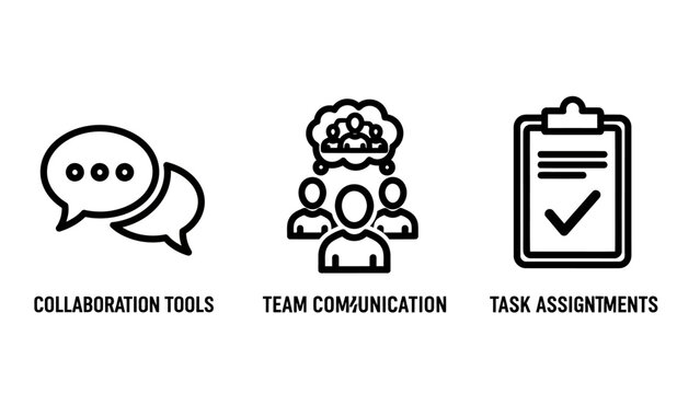 Set of three business collaboration icons featuring communication tools team communication task assignments collaboration communication assignment business management cooperation productivity