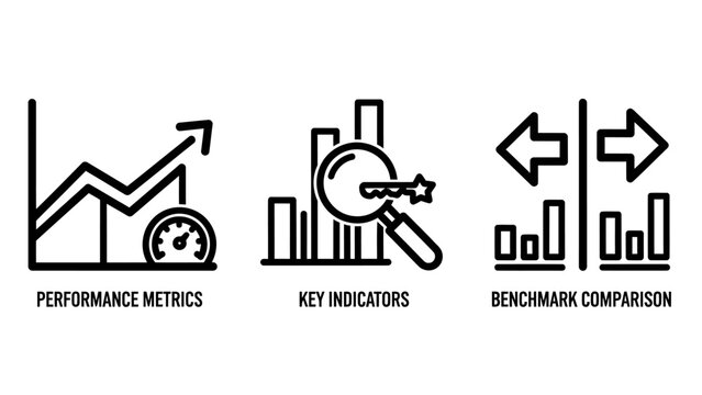Set of three business performance and data analysis icons showing growth key indicators benchmark comparison with business performance analysis indicators benchmark comparison statistics