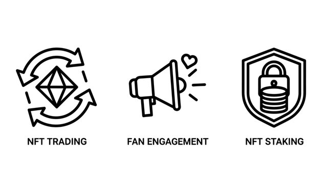 Nft trading fan engagement nft staking icons with engagement cryptocurrency blockchain business marketing promotion community audience megaphone security collectible internet technology