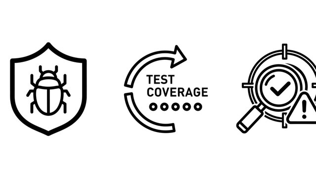 Software quality assurance set featuring bug protection test coverage security audit icons for application development software assurance coverage security application development