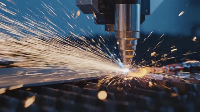 Closeup of industrial laser cutting machine head creating sparks while cutting metal, industrial manufacturing and automation