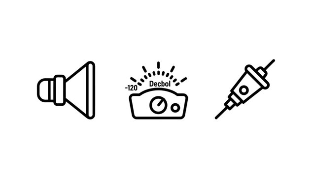 Set of three linear icons representing sound volume control knob dial audio jack input output connector settings interface multimedia electronics technology adjustment amplifier