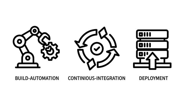 Dev ops and automated infrastructure icons featuring build automation continuous integration server deployment automation integration deployment technology software development workflow