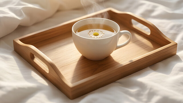 Close up of a steaming cup of chamomile tea with a floating flower on a wooden tray in bed during a sunny morning.