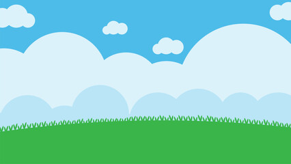 Fototapeta premium Cute cartoon landscape background featuring green grass, fluffy clouds, and blue sky, suitable for children's books, games, and educational projects.