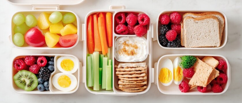 Colorful nutritious children's lunch flat lay with fruit and vegetable snacks