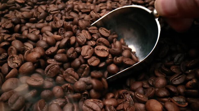 Metal scoop mixing roasted coffee beans with rising steam and smoke in cinematic close up shot.