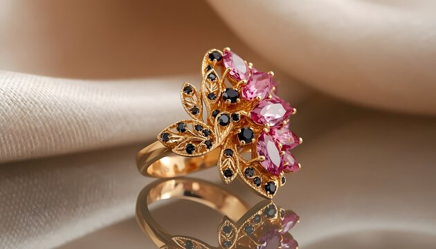 Pink Sapphire Butterfly Multicolor Gemstone Ring Yellow Gold Luxury Statement Jewelry