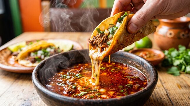 Birria Taco Dip Macro into Steaming Consomm&eacute; with Melting Cheese Pull