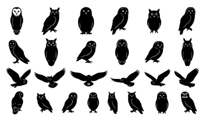 Obraz premium Black owl silhouette vector set with flying perched and side profile owl clipart illustrations