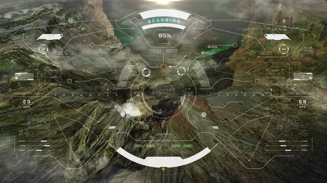 HUD digital panel interface aerial view flying through explore forest on sun shine behind the mountain landscape or perspective view with automatic tracking system 4K motion