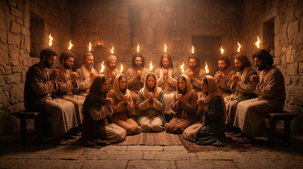 Obraz premium Apostles and woman gathered in prayer at Pentecost. Miraculous descent of Holy Spirit with tongues of fire above heads. Early Christian life and biblical event from Acts of Apostles