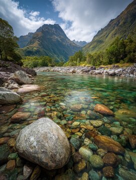 Submerged river stones in emerald mountain stream in New Zealand landscape
