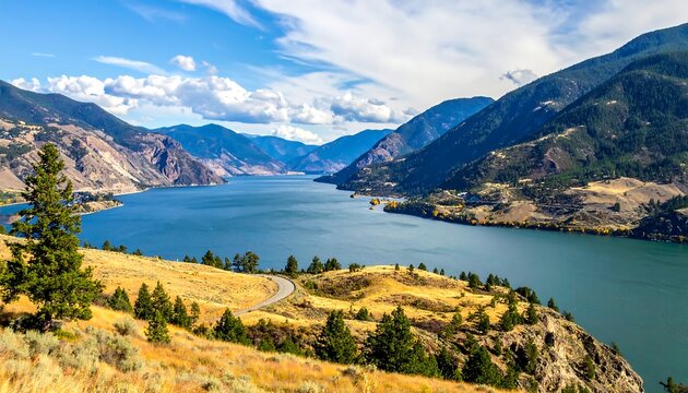 A serene lake surrounded by mountains and trees on a sunny day